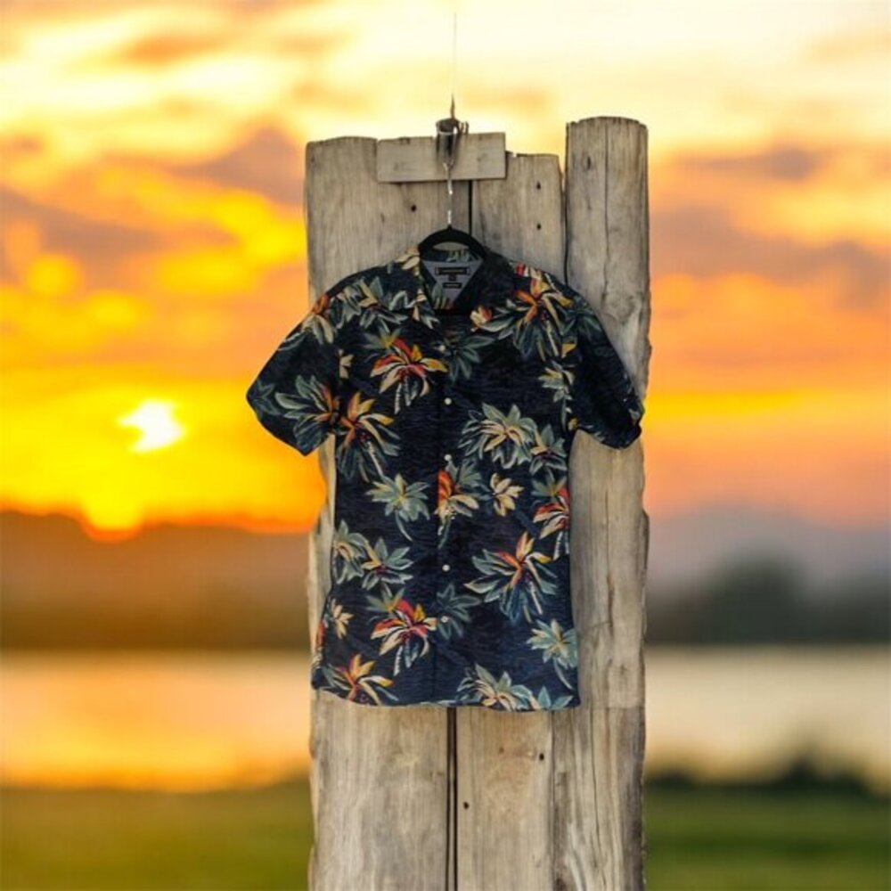 Tommy Hilfiger Men's M Button Up Short Sleeve Linen‎ Hawaiian Tropical Shirt
